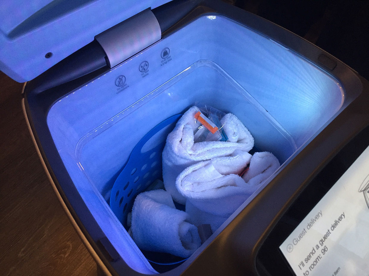 A look inside the robot shows towels and a razor.