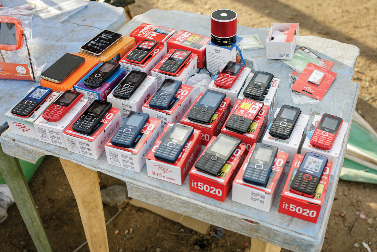 Photo of mobile phones displayed at a Kenyan market. 