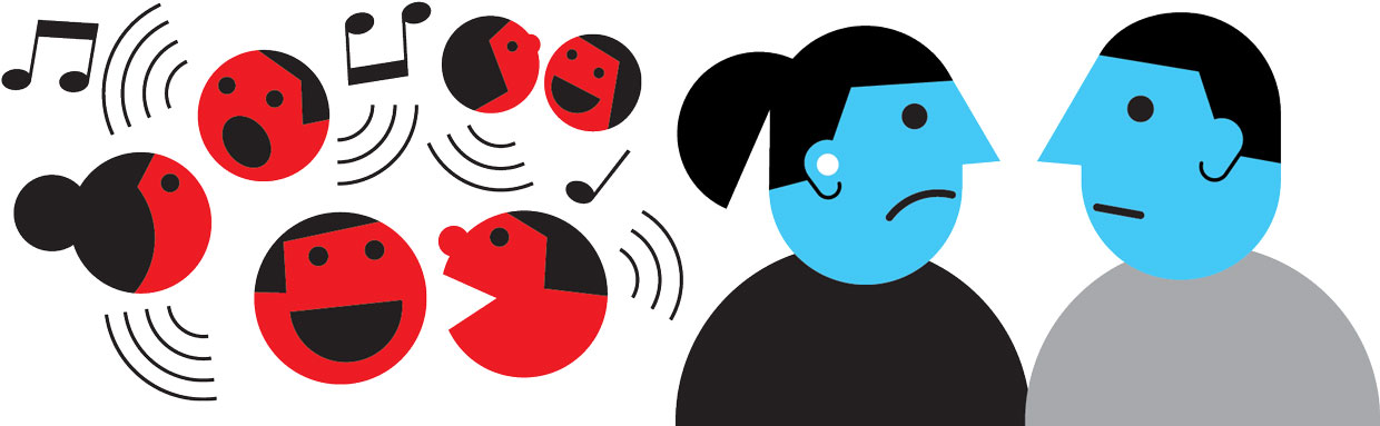 Illustration of a pair of unhappy people with loud noises and people nearby.