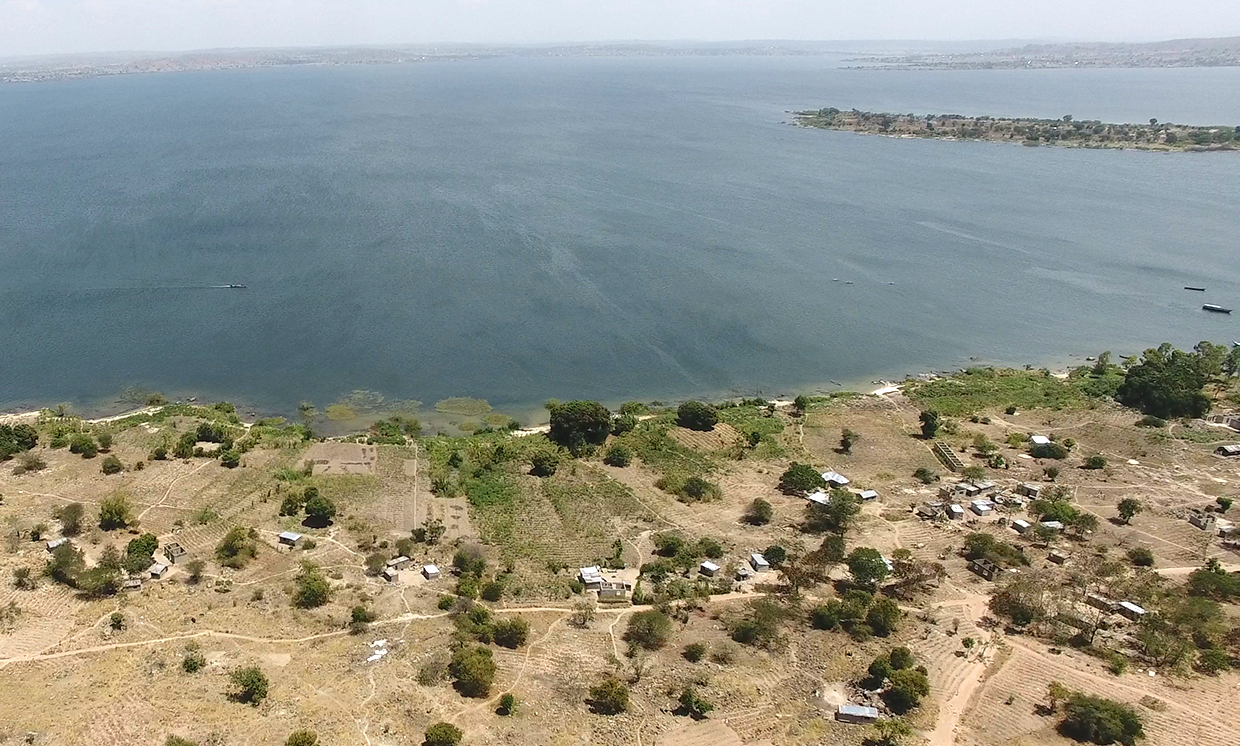 Overhead shot looking out toward the islands of Lake Victoria.