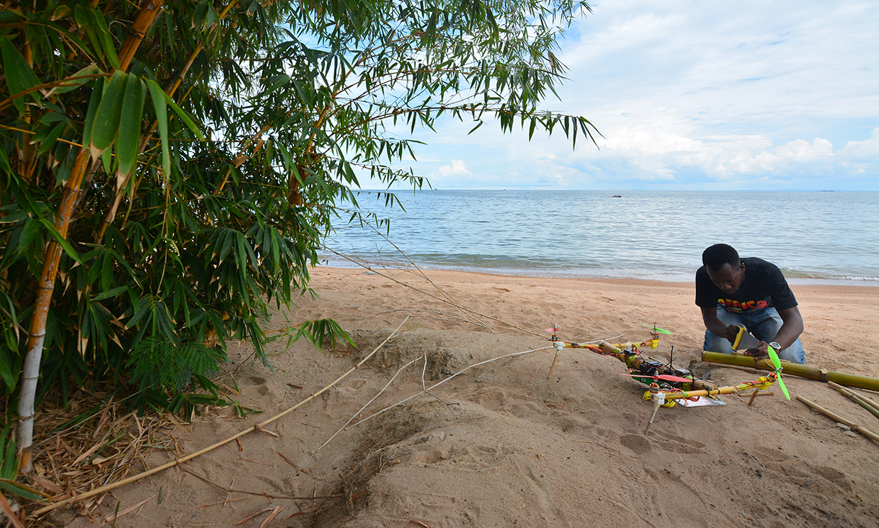Photo showing Tanzanian native Bornlove Ntikha's drone made partially of bamboo.